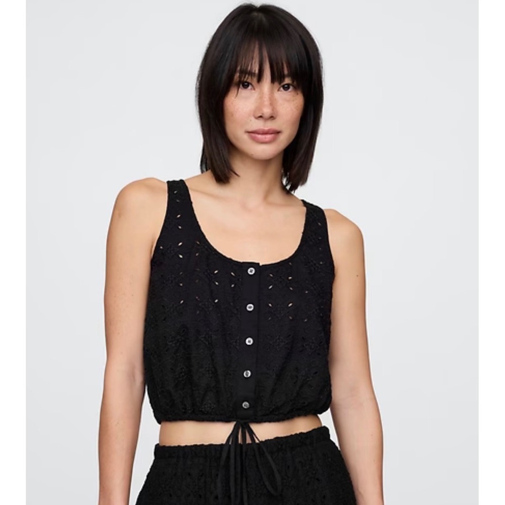 NEW Gap Womens Black Eyelet Cinched Hem Crop Top Tank Size‎ XXS
